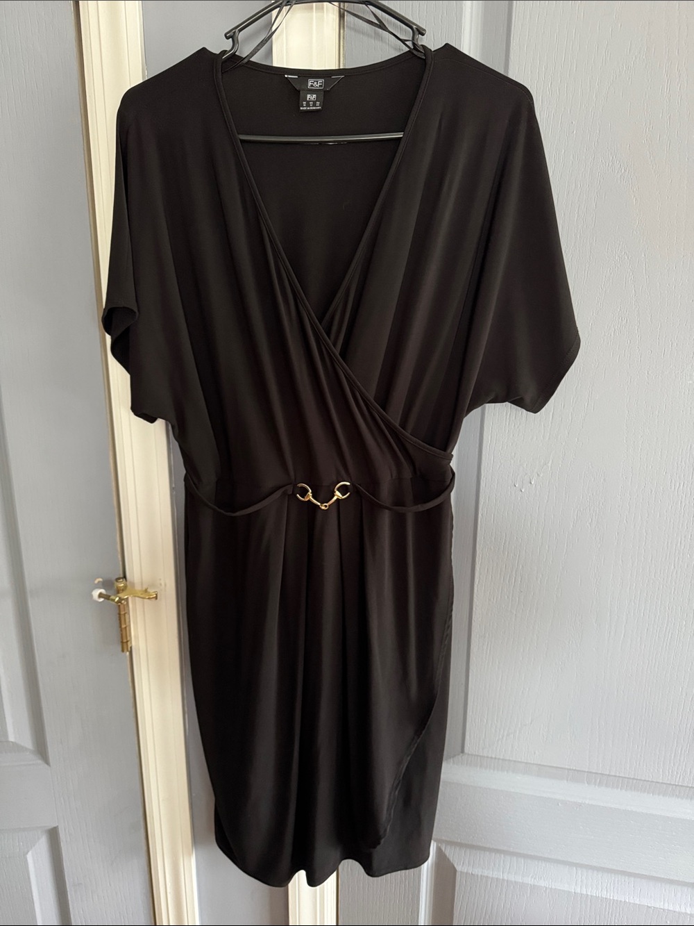 F&F Black Wrap-Front Midi Dress with Gold Buckle